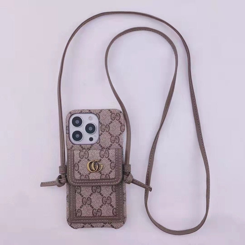 Leather cord crossbody lanyard card phone case for iPhone