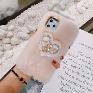 Pearl love heart plush phone case
