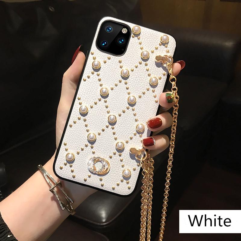 Fashion Pearl Rivet Diagonal Chain Phone Case