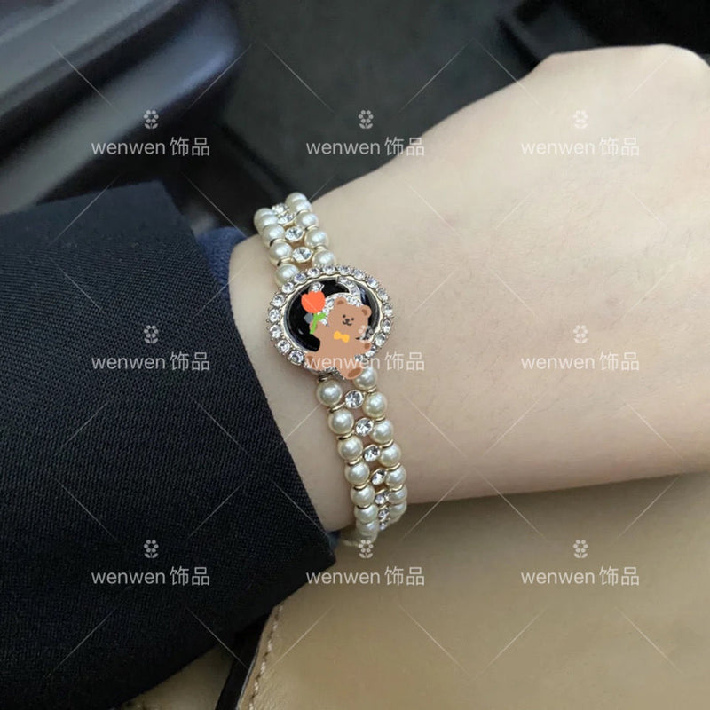 Diamond-encrusted double-layer pearl bracelet