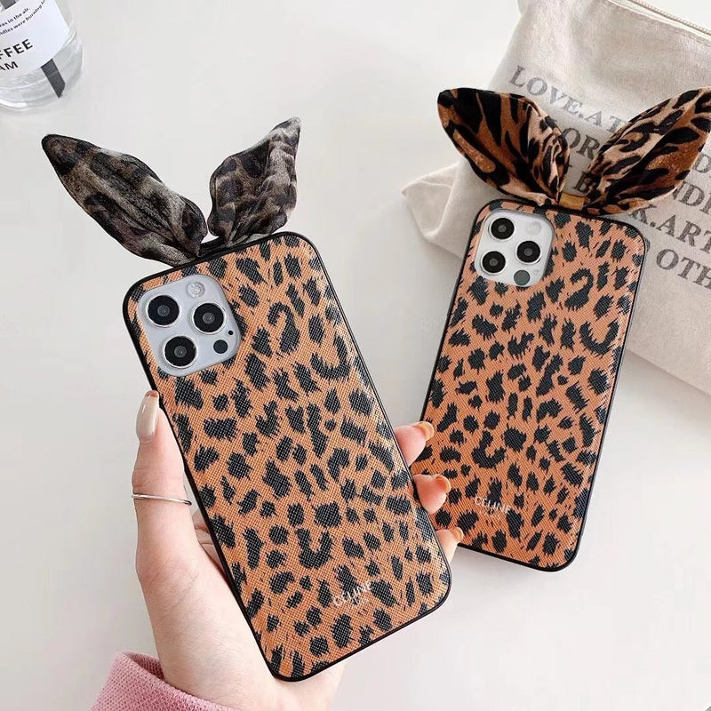 Leopard print rabbit ear phone case