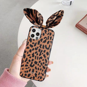Leopard print rabbit ear phone case