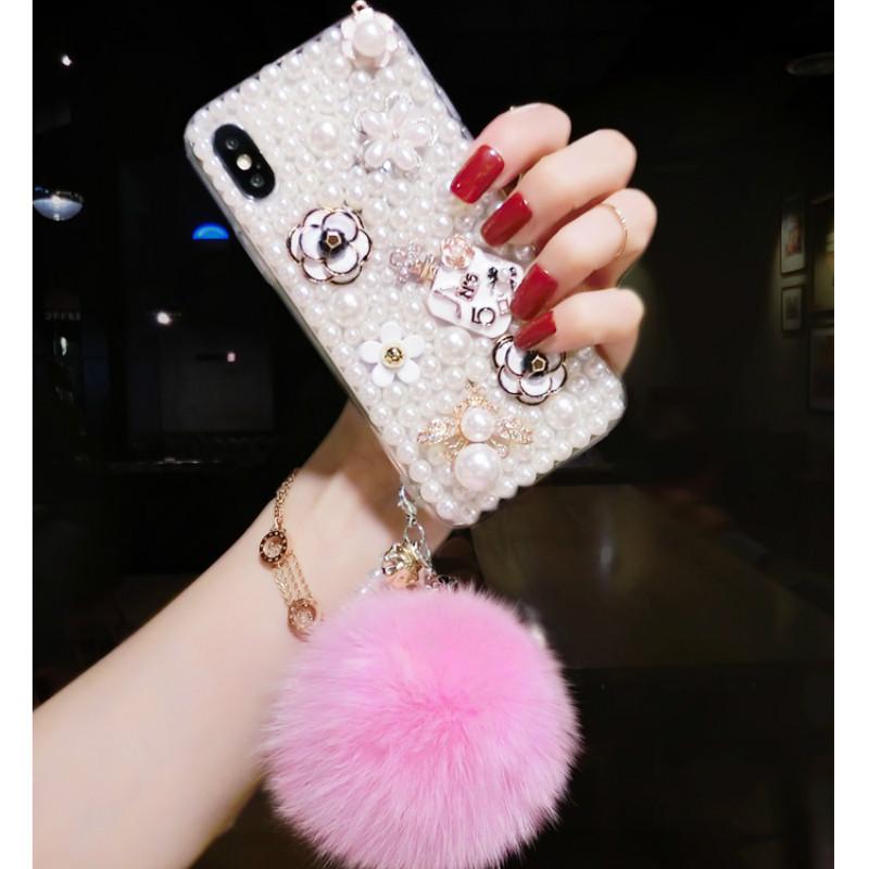 Luxury rhinestone pearl hair ball phone case