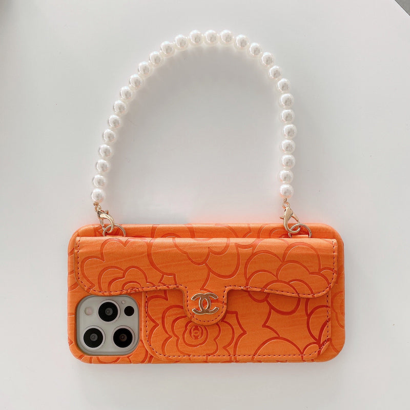 Camellia pearl chain card holder phone case