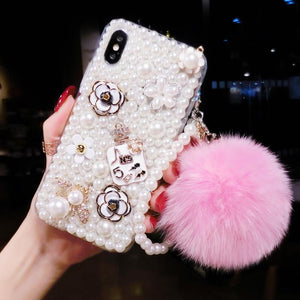 Luxury rhinestone pearl hair ball phone case