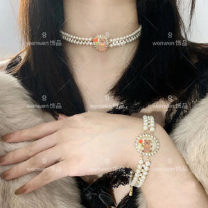 Diamond-encrusted double-layer pearl bracelet