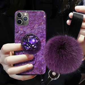 Luxury Diamond Cute Hair Ball Lanyard Bracket Soft Case For iphone 11 X XS XR pro MAX 7 8 6S plus 3D Bling Crystal Holder Cover